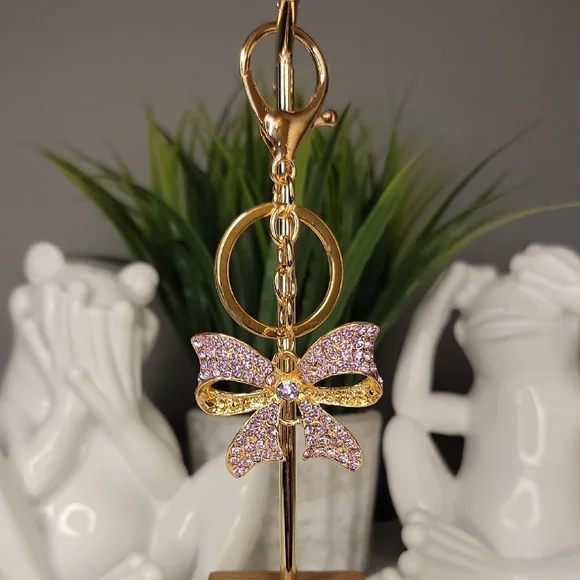 Purple Gold Bow Keychain Bag charm Rhinestone - Picture 10 of 10